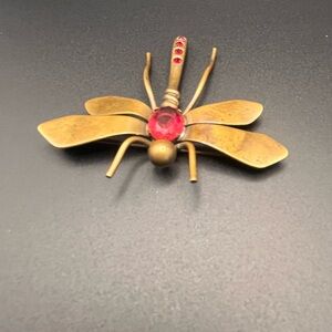 Gold Dragonfly Brooch with Red Gemstones